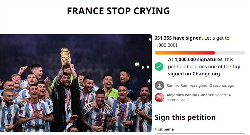 （观察者网讯）面对超22万法国球迷请愿要求重踢世界杯决赛的无理要求